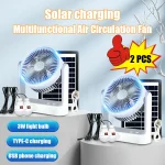 2pcs home portable solar charging fan, equipped with solar panels and two bulbs, adjustable wind speed, night lighting