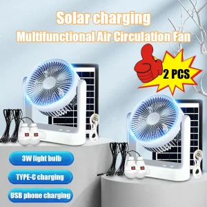 2pcs home portable solar charging fan, equipped with solar panels and two bulbs, adjustable wind speed, night lighting